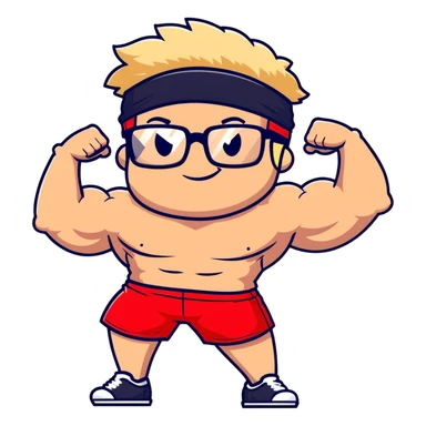 Regular man with black and white cap, bare torso, red shorts, clear glasses, messy light blond mullet hairstyle, smiling and flexing muscles sticker