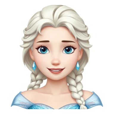 Cinematic Radiant Snow Queen Portrait Emoji, rendered in a realistic, vector style with clean proportions. Show Elsa with a gentle, confident smile, icy pale skin, and luxuriously styled platinum hair, her expression calm and regal. The image glows with a soft, enchanting icy luminescence, high shine, and is accented by a soft glowing outline that enhances her ethereal beauty. sticker
