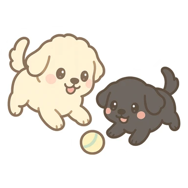 large light cream colored goldendoodle and small black golden retriever, chibi style, chasing a ball together sticker