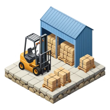 warehouse with forklifts ans stoneslabs isometric view from th outsideeslabs, forklifts, no vehicles no robots sticker