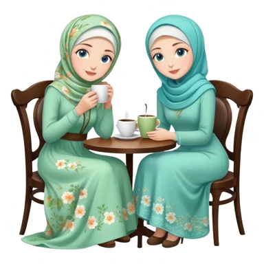 Turkish beautiful finish Konya girls blue eyes with Beautiful light green floral hijab long tail dress and the two friends in a white lovely coffeehouse sits on the chair on the ground and holds cup coffe with her hand  sticker