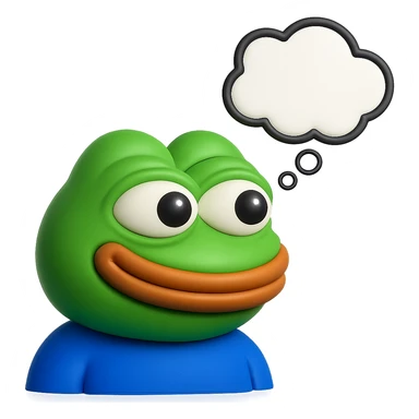 make a pepe in bright green smiling with thought bubble looking at left side in 3d style, good highlights and shadows, drop shadows sticker