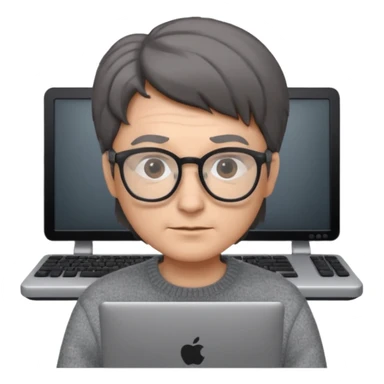 Profesor de pelo gris marrón oscuro con gafas un  jersey gris y un ordenador los óleos son marrones con poca cantidad de pelo sticker