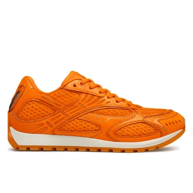 Recreate the Bottega Veneta Orbit sneaker in bright orange, keeping the exact design and details, side view, clean background, in a realistic and detailed style. sticker