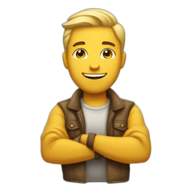 Proud, yellow skin tone emoji, man with his arms crossed, smile on his face, and a swag sticker