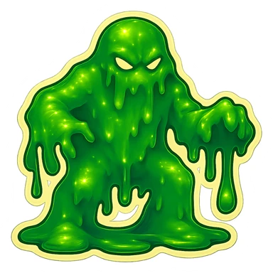 Slime monster. green slime. scary sinister. slime attacks. show full body. more dripping slime. talk humanoid slime creature. sinsiter and scary...green slime. has 2 arms and a vague head sticker