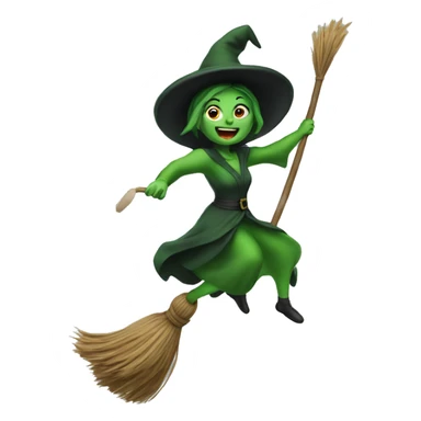 Green mad witch flying on a broom sticker