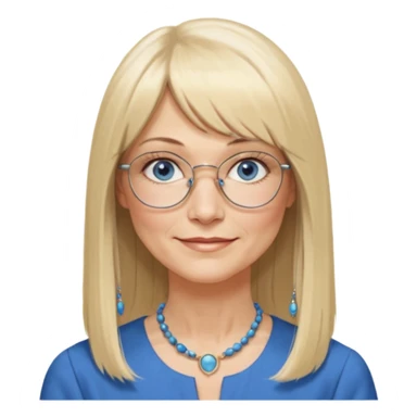 50 yr old white woman, hippie parted very long hair, short bangs, very long straight blond hair, oval face, small smile, blue eyes, thin face, hair downback, hair parted at center of head, round cheeks, pale, longer hair, business dress, long hair, big glasses sticker
