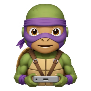 Donatello from Teenage Mutant Ninja Turtles, emoji style, head only, cute minimalistic style, with a tech gadget sticker
