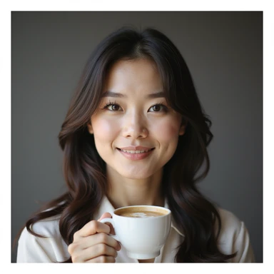 photorealistic upper-body portrait of a sophisticated Korean woman, age 25-35, elegant and refined, modern upscale vibe, values premium ingredients and quality, enjoys professional home café experience, perfect harmony of coffee and dessert, neutral background sticker