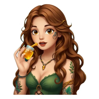 woman with long wavy brown hair, tattoos, forest mystic outfit, licking glowing honey from fingertip, flirty eyes sticker