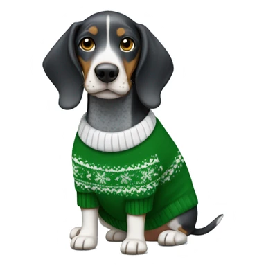Miniature bluetick hound wearing a green Christmas sweater sticker