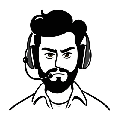 Serious face of a man with black hair, brown eyes, black beard, wearing a gaming headset sticker
