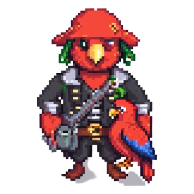 a pirate captain with a red parrot, pixel art style sticker