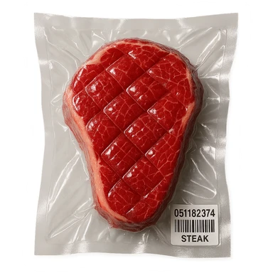 diamond-textured meat steak, shiny and inflated, vacuum-sealed style sticker