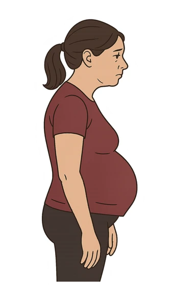 DONNA DI PROFILO CON LA POSTURA SBAGLIATA, LA PANCIA IN FUORI E LE SPALLE CHIUSE sticker