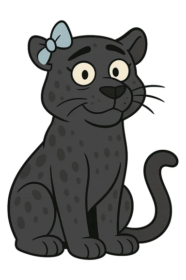 black panther with spots and a blue bow on its ear, cartoon style sticker