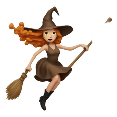 Ginger white witch in brown dress flying on broom sticker