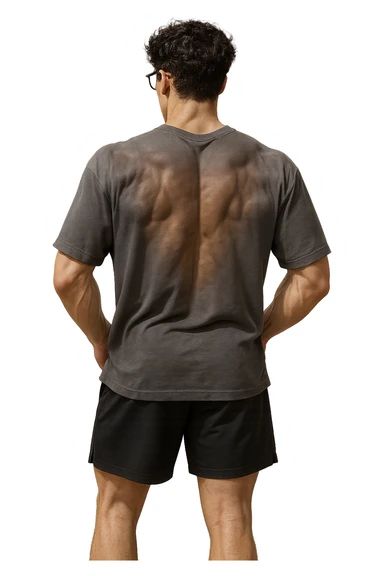 lascia questo ragazzo identico ma fallo in piedi di spalle con fasci muscolari della schiena contratti, senza macchinari, solo la sua figura, iperealistico 4k sticker