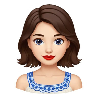 Enthusiastic woman with healthy glowing skin, round cheeks, warm smile, expressive light brown eyes, red lipstick, wavy dark brown shoulder-length hair, summery white top with blue embroidery and electric blue neckline sticker