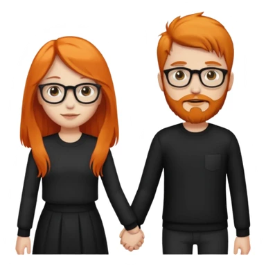girl with long orange hair wearing no glasses and all black clothes and holding hands with boy with dark hair and beard and glasses and pale skin sticker