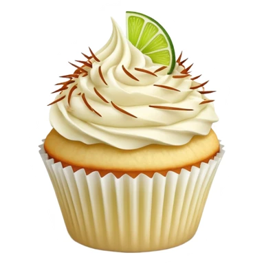 Vanilla cupcake with vanilla frosting with shredded toasted coconut on top and lime sticker