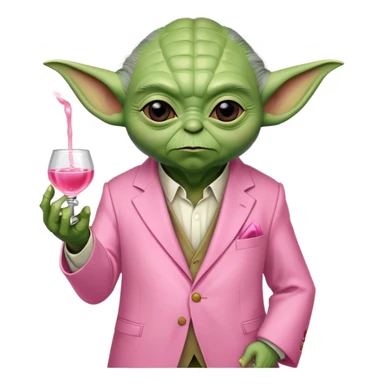 Master Yoda in pink suit, holding small pink tequila shot sticker