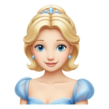 Cinematic Radiant Cinderella Portrait Emoji, rendered in a clean vector-style with bold proportions. Show Cinderella with a warm, serene smile, fair skin, and lustrous blonde hair, wearing a simple yet elegant dress that shimmers with gentle light. The image glows with an inviting, soft radiance and high shine, embodying timeless beauty. sticker