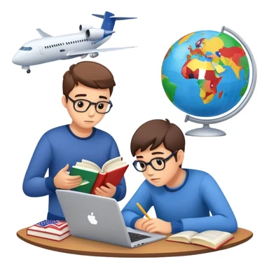 "A worried parent reading a book about exams 📖😟, a teenager studying with a laptop 💻📚, a globe with flags of different countries 🌍🏳️‍🌈, and an airplane taking off ✈️. sticker
