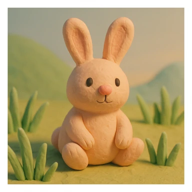 rabbit sitting in grass, pastel colors, visible fingerprints, cute and playful, claymation style sticker
