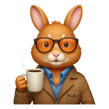 Orange rabbit, wearing brown jacket, sunglasses, holding coffee mug sticker