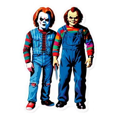 Jason and Freddy Kruegery standing next to each other with pinhead and chucky  sticker