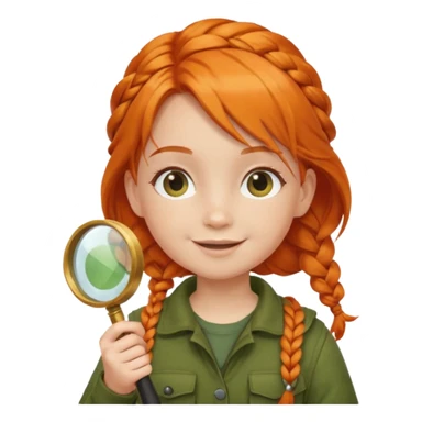 braid orange haired girl kid in moss green explorer outfit, holding magnifying glass, smile sticker