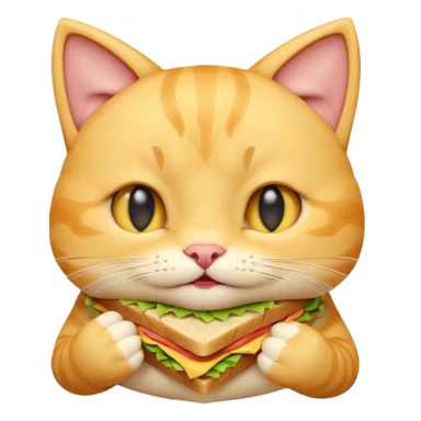 cute yellow cat portrait, head and shoulders only, biting a sandwich, cheeks full, funny expression, 3D cartoon, mobile game icon style, clean background, no text, no watermark
 sticker
