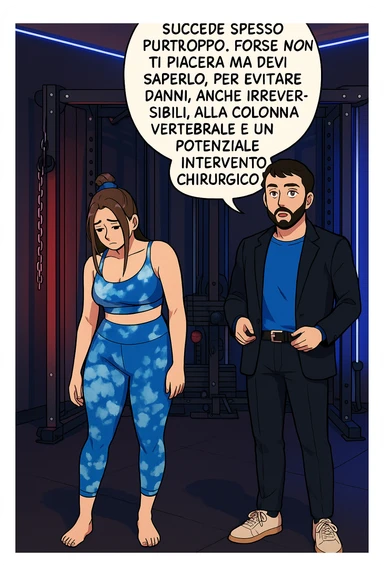 fai questa immagine in versione fumetto/manga/webtoon a colori, il manga mostra l'uomo che risponde alla donne:
Succede spesso purtroppo. 
Forse non ti piacerà ma devi saperlo, per evitare danni, anche irreversibili, alla colonna vertebrale e un potenziale intervento chirurgico. sticker