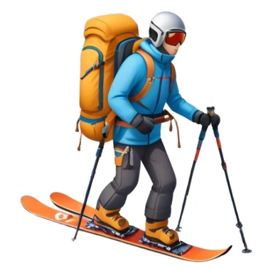 Icon for Mountain Tourism: a distant snow-capped mountain peak with skis, a snowboard, an ice axe, a backpack and a camera. The icon should convey the spirit of adventure and exploration in the mountains. Transparent background. sticker