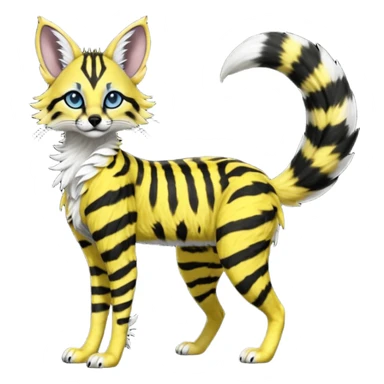Edgy cool beautiful elegant spotted hype-realistic, black-maned, vibrant yellow Genet-Serval-Sergal-Margay-Fox-fusion-hybrid-furry-fursona, long muzzle snout, full body, with a long puffy fluffy black-and-white-striped tail, black long big ears, with natural blue eyes sticker