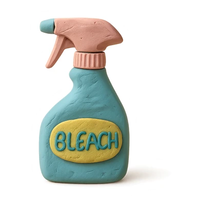 close-up of bleach spray bottle with trigger in claymation style, soft lighting, pastel colors sticker