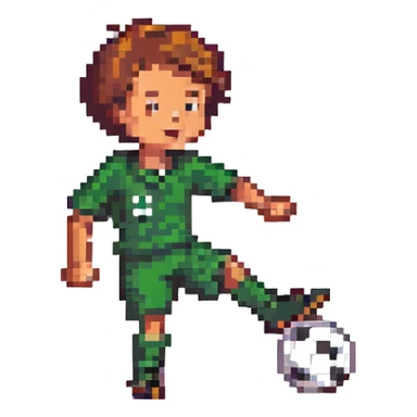 happy young boy in 2nd grade kicking a soccer ball, pixel art style sticker