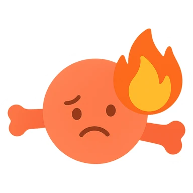 inflamed muscle or joint with fire symbol, sad face, orange-red color palette, medical cartoon icon sticker