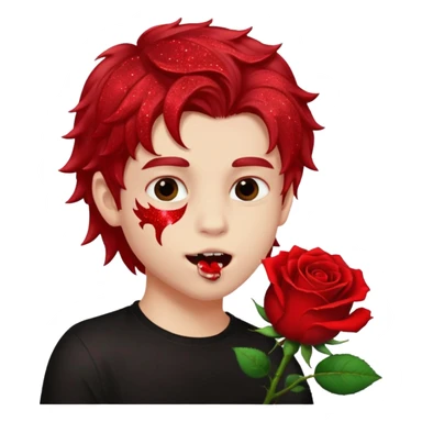 red glitter naughty-looking boy biting a rose in his mouth sticker