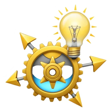 a gray gear with yellow curved raising arrow behind it on the right side, and then a small golden beaming light bulb on the left side sticker