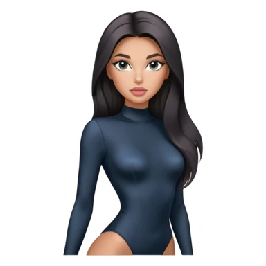 Glamours, tanned, very beautiful girl, with big pump peach-beige-rose lips, long long lashes, black straight smooth silky long hair, straight parting hair, blue-grey eyes in black long-sleeves bodysuit sticker