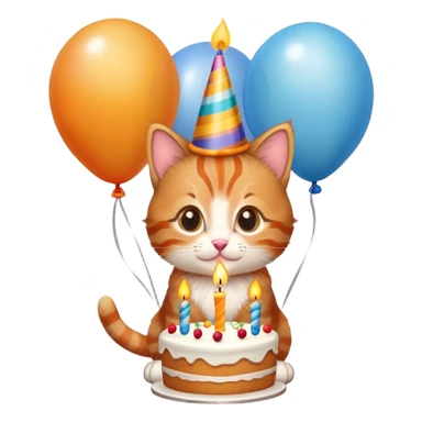 Ginger tabby kitten celebrates birthday, birthday hat, birthday cake, one candle, balloons, happy, gifts sticker