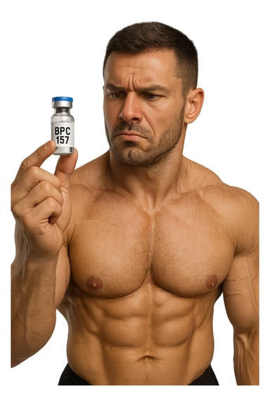 BODYBUILDER CHE TIENE IN MANO UNA FIALA MEDICA CON la scritta "BPC 157" SULL'ETICHETTA E LA GUARDA DUBBIOSO, iperrealistico 4k sticker