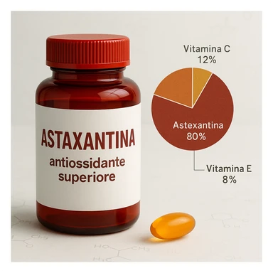 hyper realistic Astaxantina with pie chart showing superiority over vitamin C and vitamin E, red bottle, orange and golden capsule, text 'Astaxantina: antiossidante superiore', scientific atmosphere, light background sticker