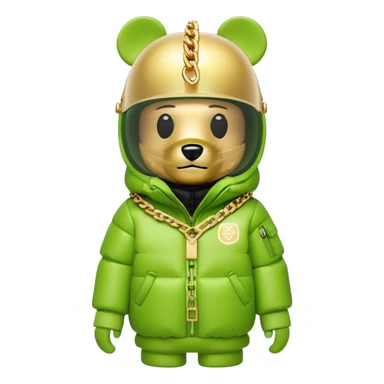 bearbrick toy with lime balaclava tagged with logos, wearing oversized monolens ski-type visor shield covering eyes as one continuous piece, puffer jacket with fur, gold chains sticker