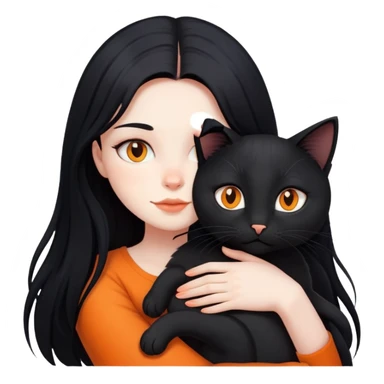 A girl with long black hair hugs a black cat, an orange cat, and a black cat sticker
