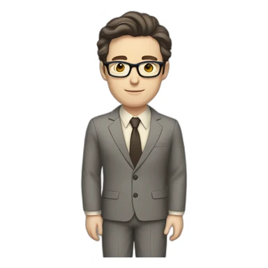 Full height Pale skinned Fit Man With dark brown hair in classic gray suit, beige office shirt, dark gray tie, and vintage glasses. His hands lock sticker