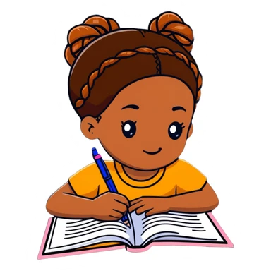 African girl student with brown skin and braided hair writing with book and pen sticker